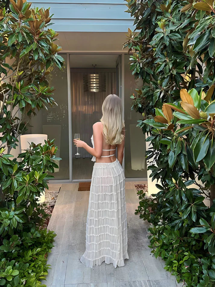Model wearing Isabella Co-Ord Set – relaxed fit crop top and full-length summer skirt, minimalist solid style by Santori The Label