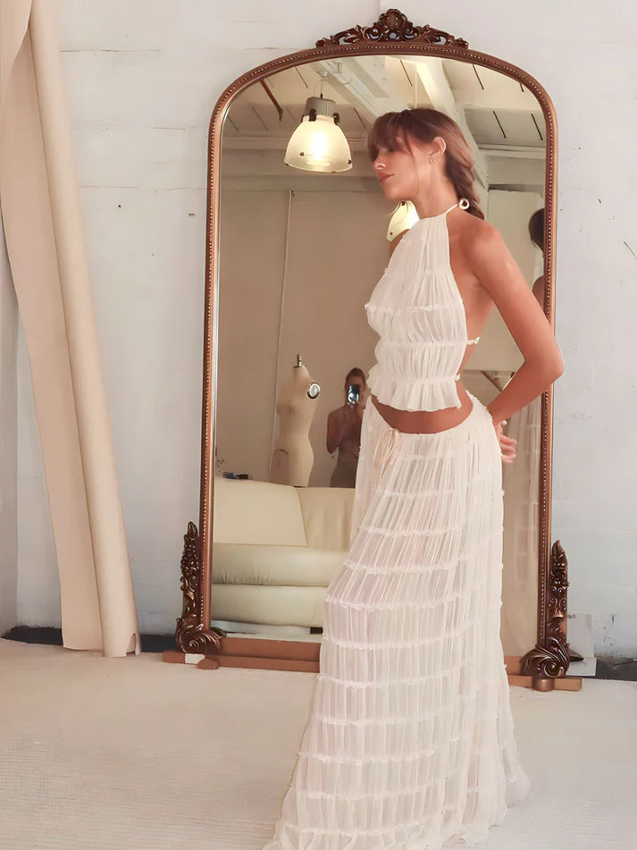 Model wearing Isabella Co-Ord Set – relaxed fit crop top and full-length summer skirt, minimalist solid style by Santori The Label