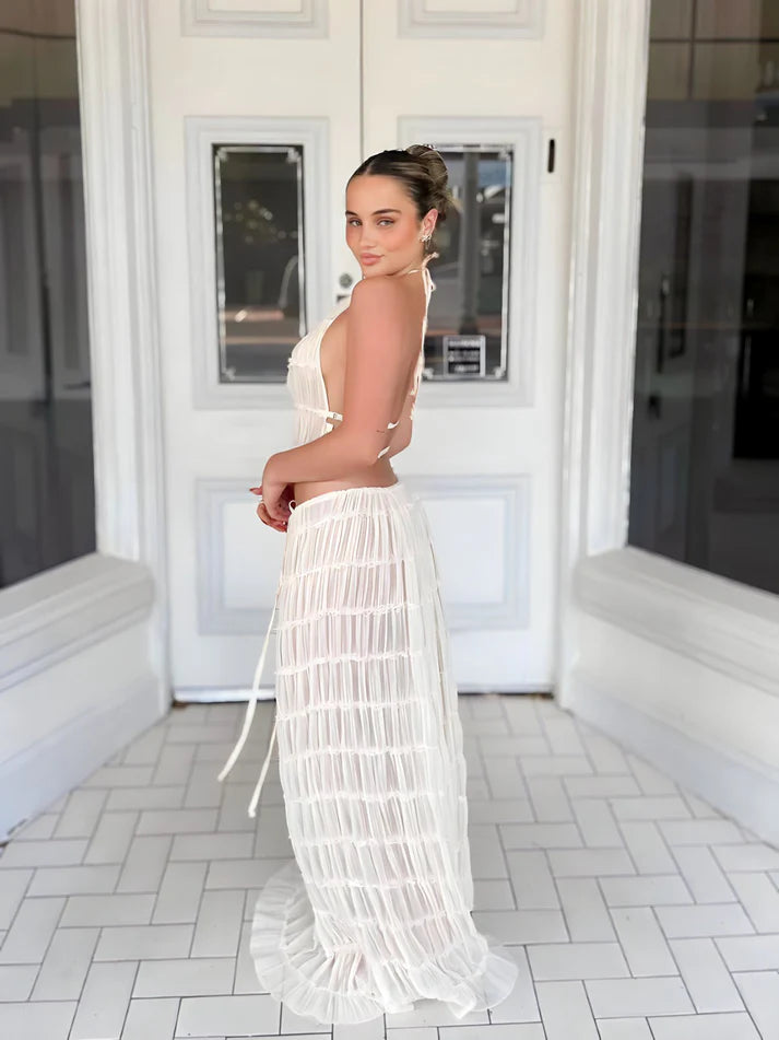 Model wearing Isabella Co-Ord Set – relaxed fit crop top and full-length summer skirt, minimalist solid style by Santori The Label