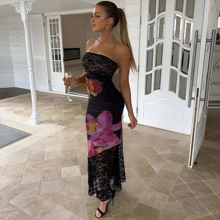 Model wearing Ishna Maxi Dress – fitted patchwork mermaid silhouette dress by Santori The Label.