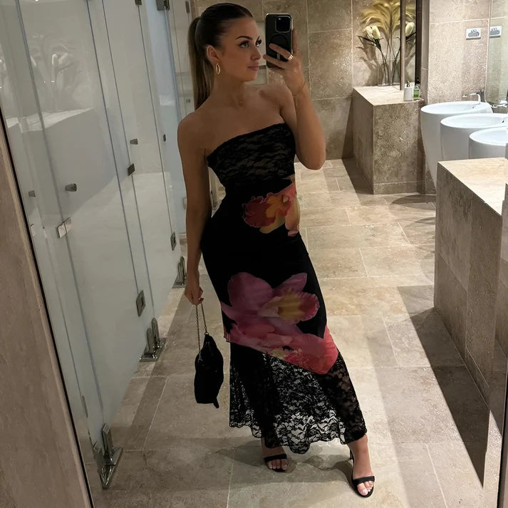 Model wearing Ishna Maxi Dress – fitted patchwork mermaid silhouette dress by Santori The Label.