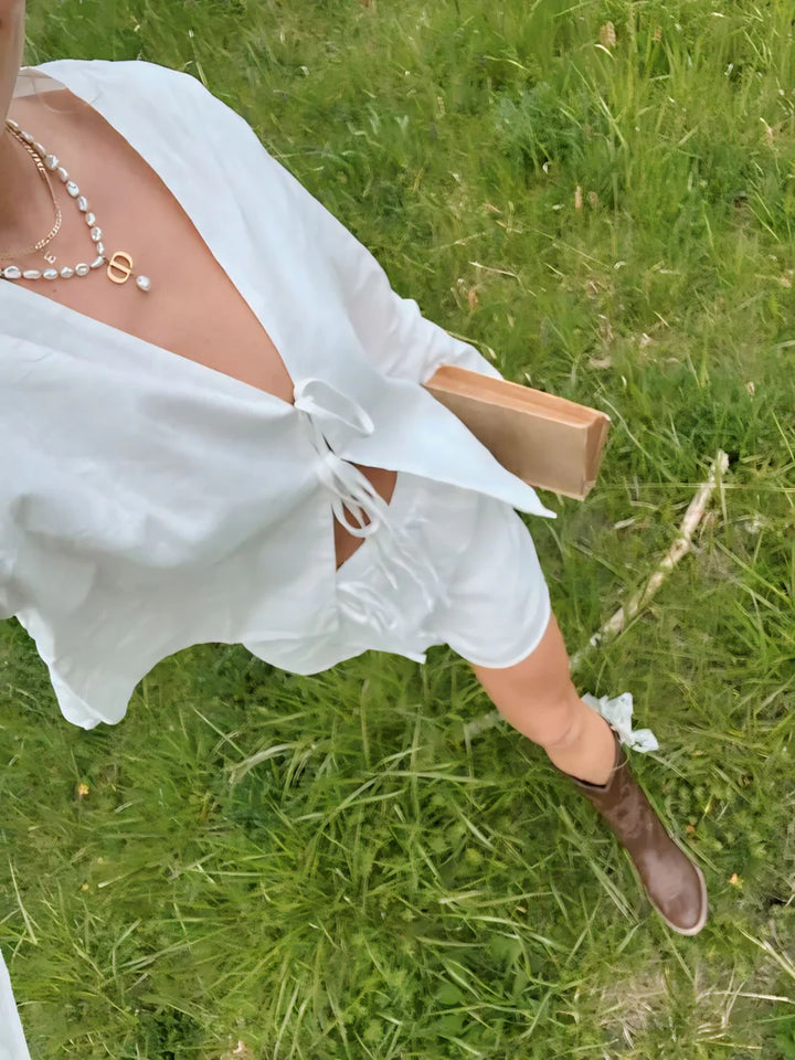 Model wearing Jaque Top – relaxed cotton chiffon blouse with a loose fit for summer by Santori The Label.