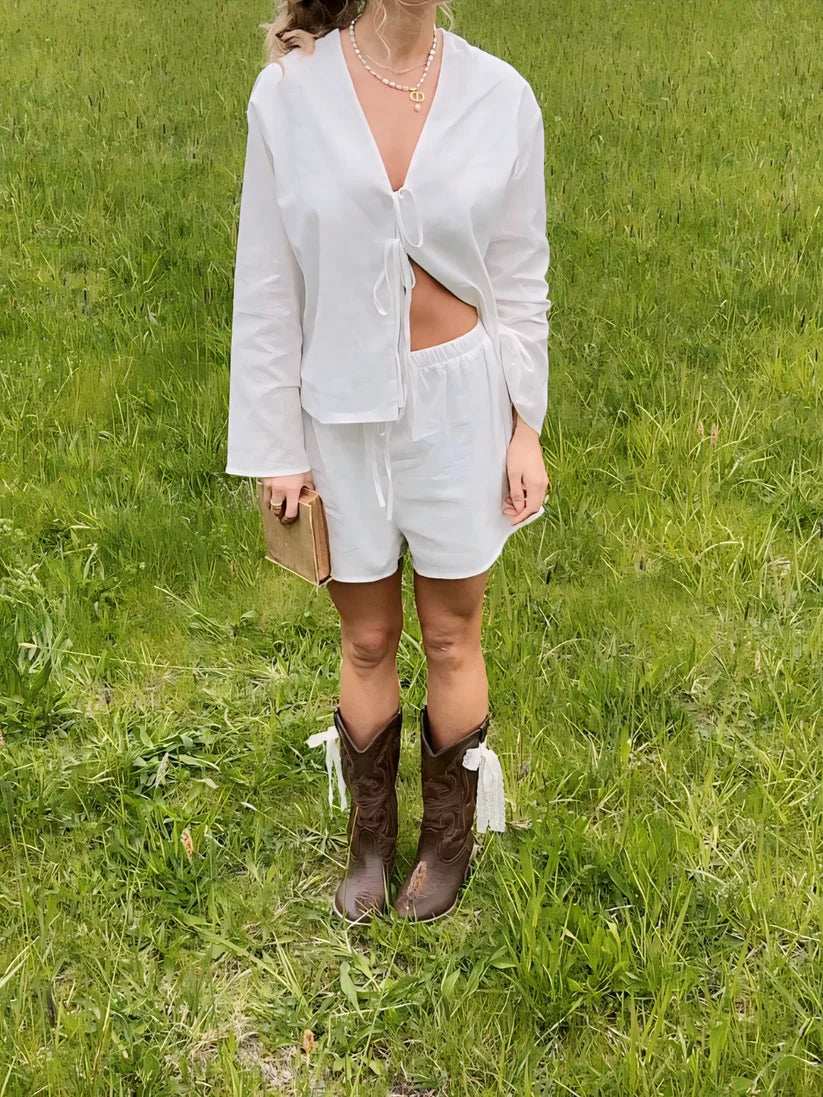 Model wearing Jaque Top – relaxed cotton chiffon blouse with a loose fit for summer by Santori The Label.