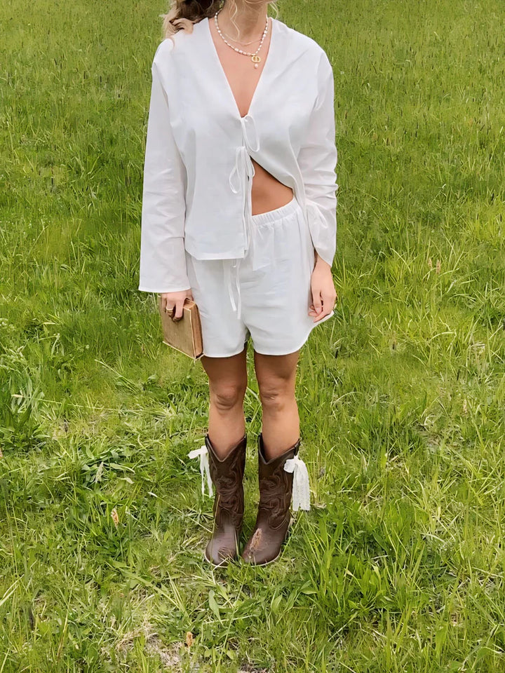 Model wearing Jaque Top – relaxed cotton chiffon blouse with a loose fit for summer by Santori The Label.