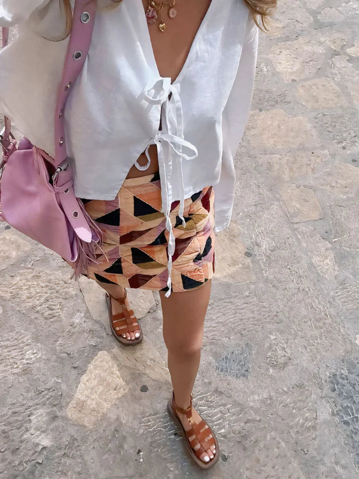 Model wearing Jaque Top – relaxed cotton chiffon blouse with a loose fit for summer by Santori The Label.