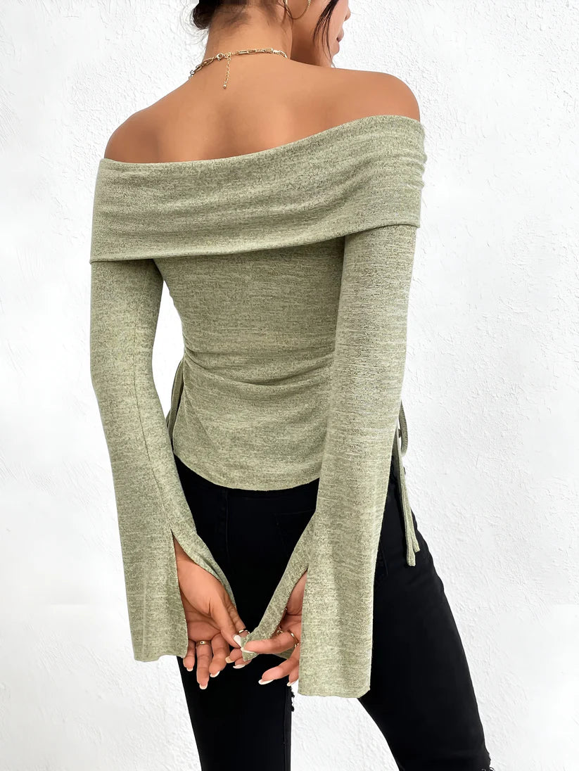 Model wearing Julianna Top – fitted cropped pleated knit top for winter streetwear by Santori The Label.
