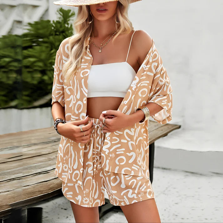 Model wearing Ferri Set – patchwork drawstring pant and retro top matching set, styled for casual summer comfort, by Santori The Label