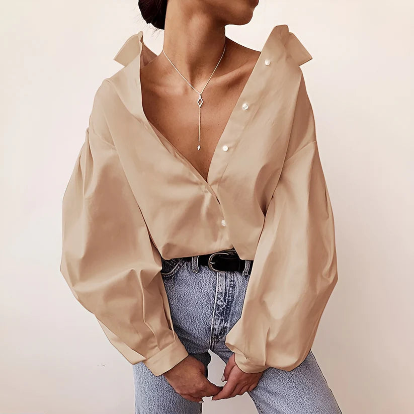 Model wearing Grayz Top – relaxed loose fit polyester blend casual top for summer by Santori The Label.