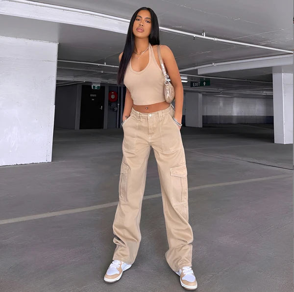 Model wearing Decore Denim Pants – full-length low-rise skinny denim trousers with bloomers silhouette by Santori The Label