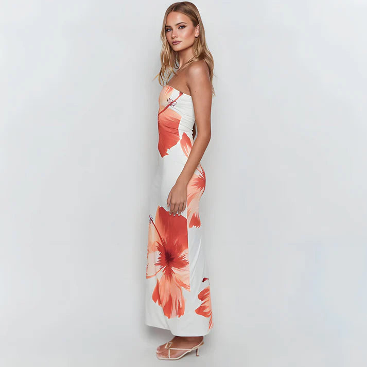 Model wearing Kiara Maxi Dress – printed beach-style A-line maxi dress with stretch by Santori The Label.