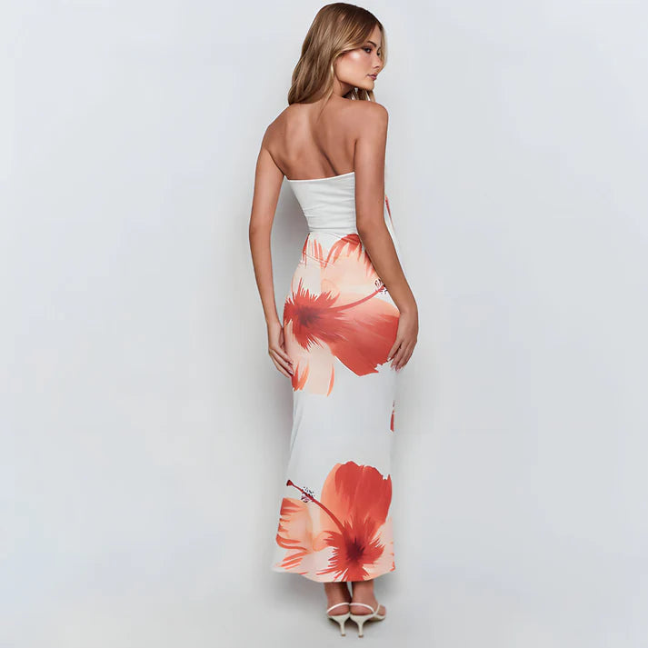 Model wearing Kiara Maxi Dress – printed beach-style A-line maxi dress with stretch by Santori The Label.