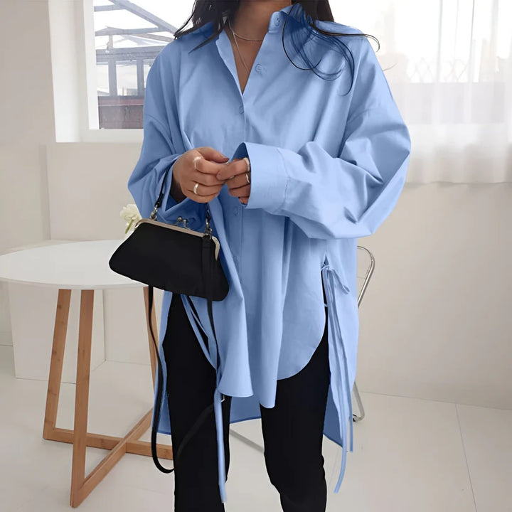 Model wearing Selma Long Sleeve Top – loose, flowy top for women in minimalist autumn styling by Santori The Label.