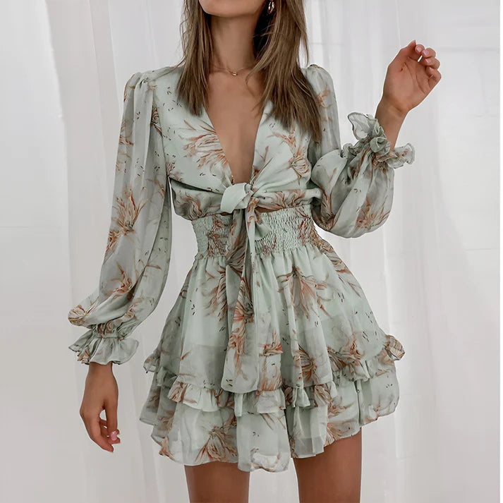 Model wearing Maricon Mini Dress – printed A-line beach dress with high stretch and natural waist by Santori The Label.