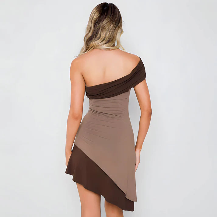 Linda Dress – bold asymmetrical dress with contrast styling and abstract silhouette by Santori The Label.