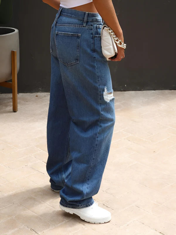 Model wearing Matilda Pants – full-length straight-leg trousers with vintage English style in a mid-rise cut by Santori The Label