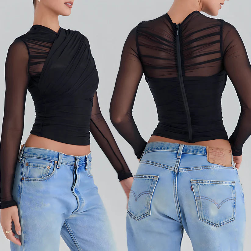 Model wearing Mia Top – fitted chiffon stretch crop for club styling by Santori The Label.