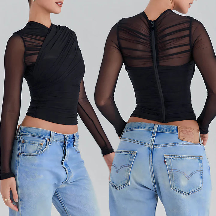 Model wearing Mia Top – fitted chiffon stretch crop for club styling by Santori The Label.