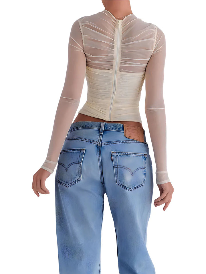 Model wearing Mia Top – fitted chiffon stretch crop for club styling by Santori The Label.