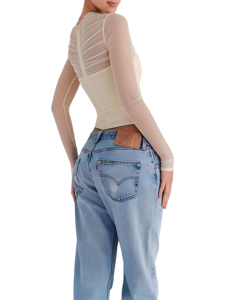Model wearing Mia Top – fitted chiffon stretch crop for club styling by Santori The Label.