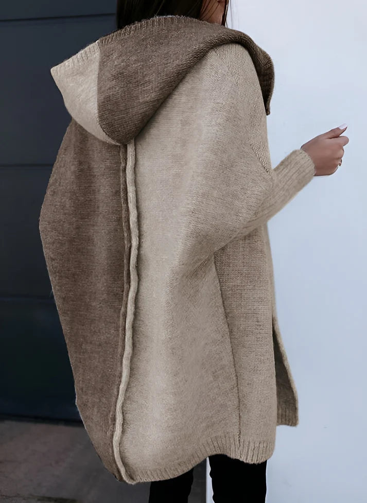 Model wearing Mimi Sweater – long loose-fit women’s patchwork knit sweater for winter, by Santori The Label