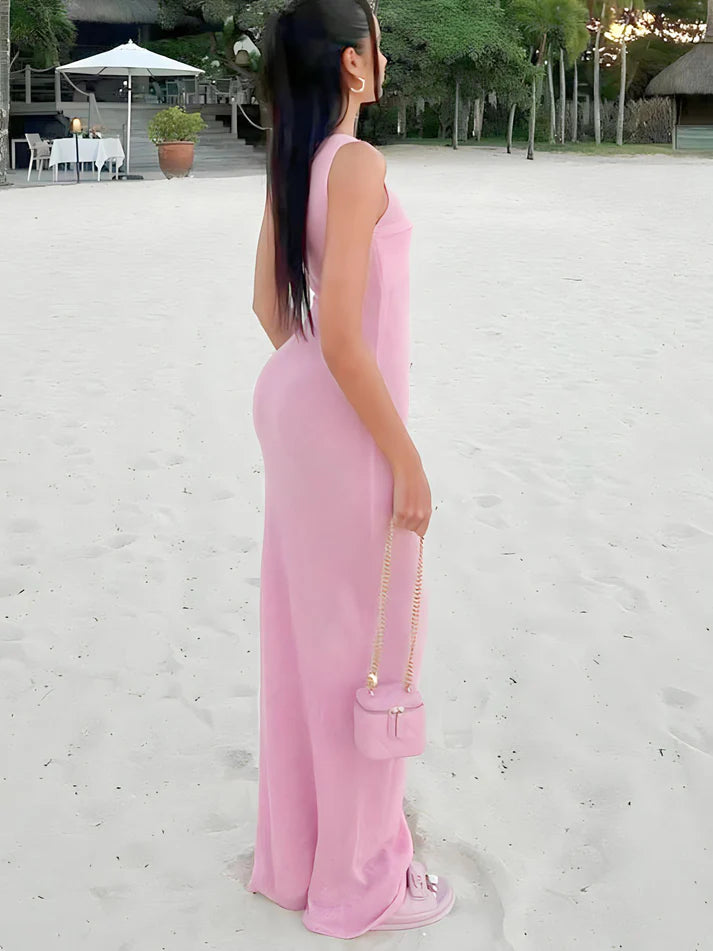 Model wearing Niana Maxi Dress – summer beach-style maxi dress with straight silhouette by Santori The Label.