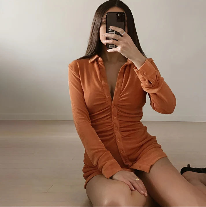 Model wearing Harper Long Sleeve Mini Dress – stretchy sexy sheath mini with empire waist by Santori The Label.
