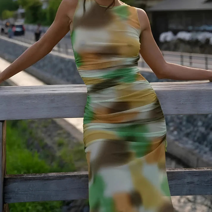 Model wearing Patricia Maxi Dress – minimalist full-length maxi dress in elegant solid tone by Santori The Label.