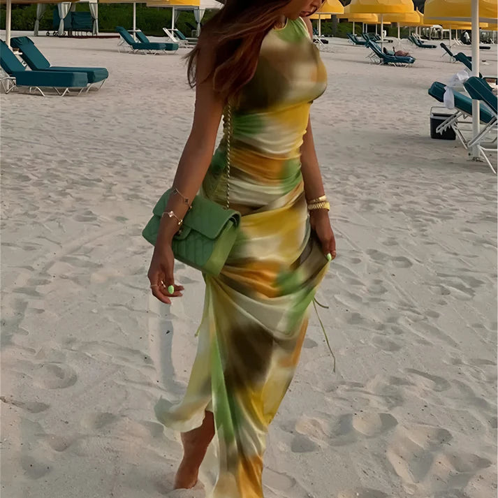 Model wearing Patricia Maxi Dress – minimalist full-length maxi dress in elegant solid tone by Santori The Label.