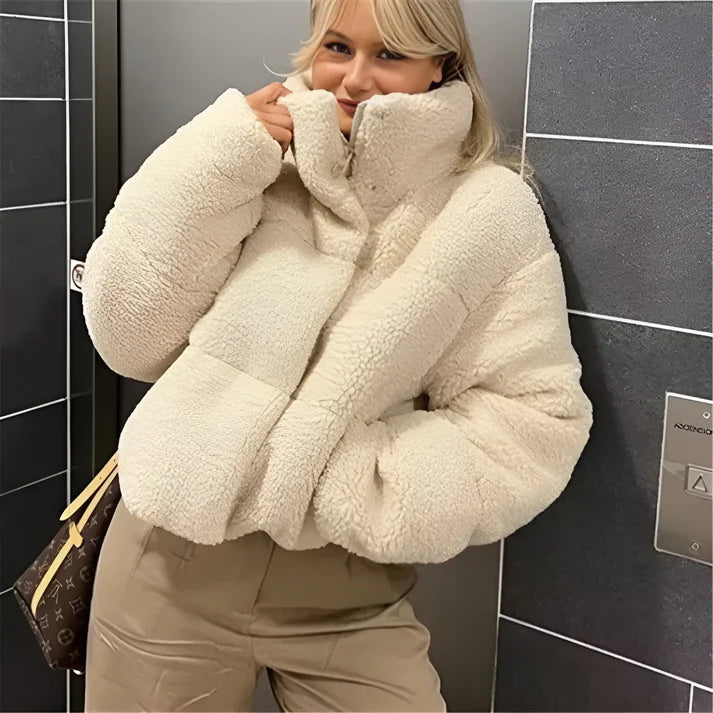 Model wearing Perry Jacket – short wide-waisted women’s winter jacket with stretch and tailored silhouette by Santori The Label