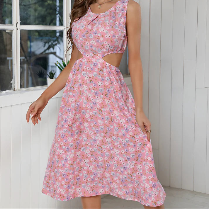 Model wearing Bena Midi Dress – relaxed fit summer midi dress with high stretch comfort by Santori The Label.