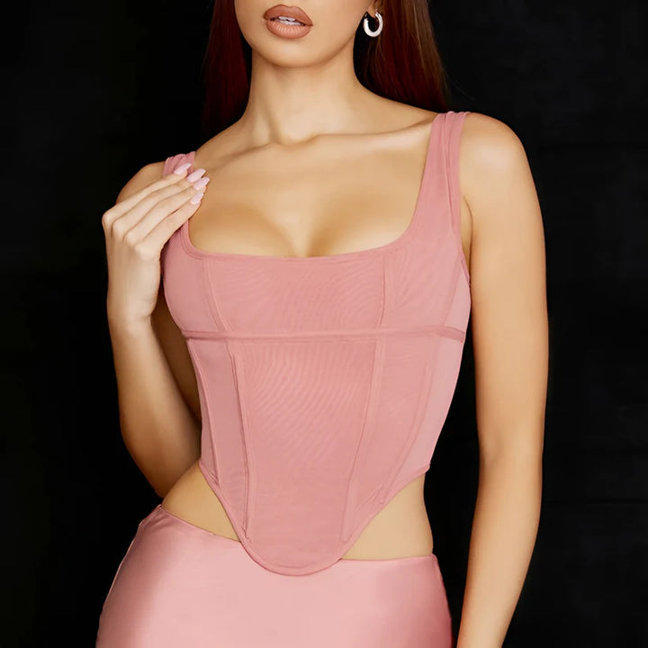 Model wearing Glory Top – cut-out slim summer crop top with stretch for club looks by Santori The Label.