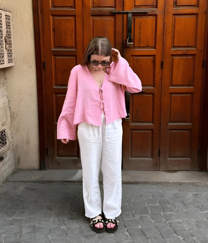 Model wearing Jaque Top – relaxed cotton chiffon blouse with a loose fit for summer by Santori The Label.
