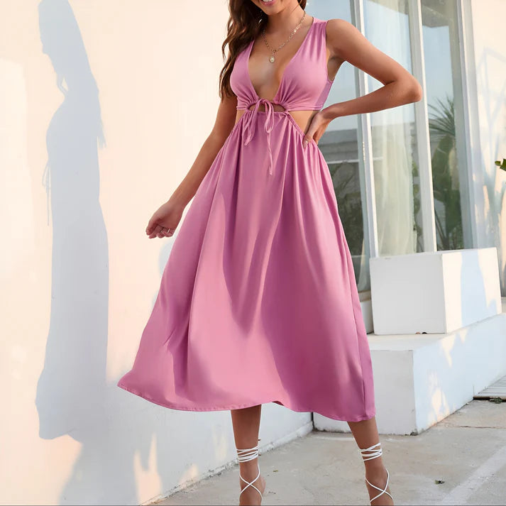 Model wearing Kattan Midi Dress – silk high-stretch beach mini dress with A-line cut by Santori The Label.