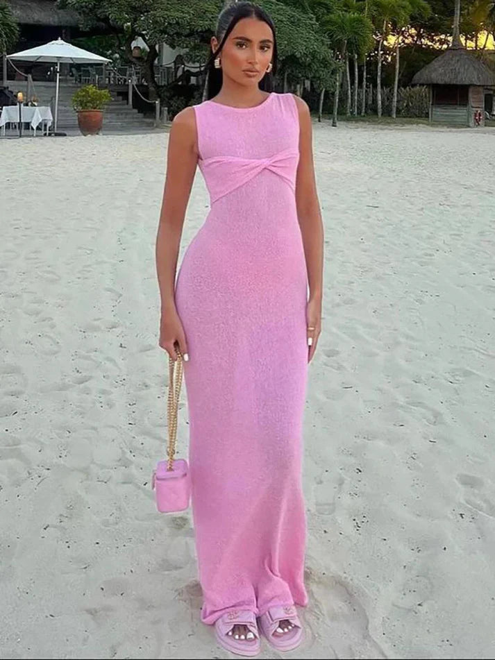 Model wearing Niana Maxi Dress – summer beach-style maxi dress with straight silhouette by Santori The Label.