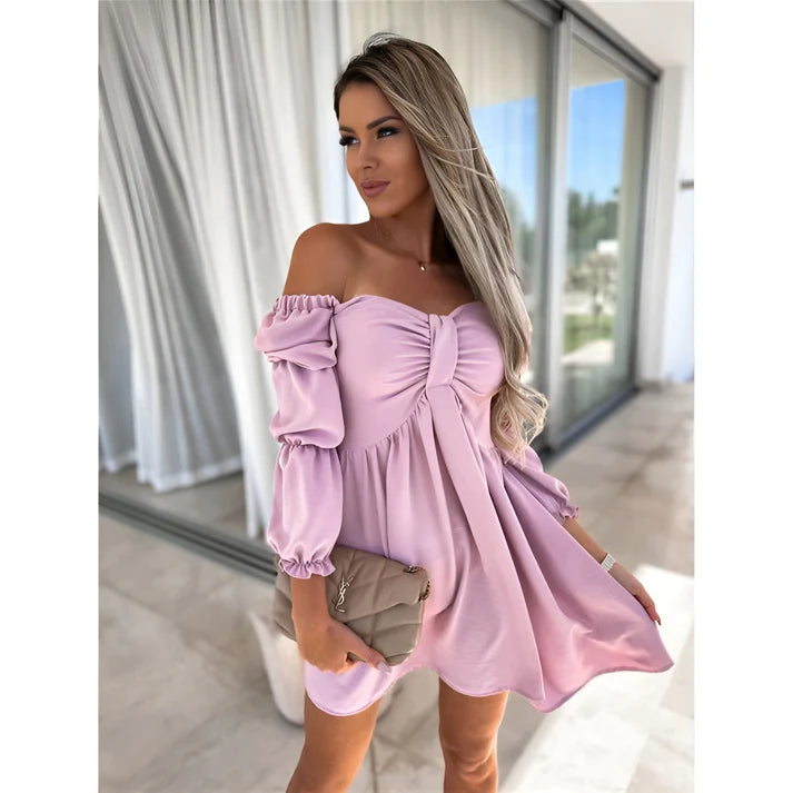 Model wearing Orara Mini Dress – flowy chiffon mini dress with empire waist for summer by Santori The Label.