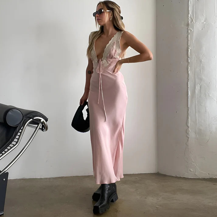 Model wearing Romanna Maxi Dress – slim fit printed summer beach maxi with lace accents by Santori The Label.