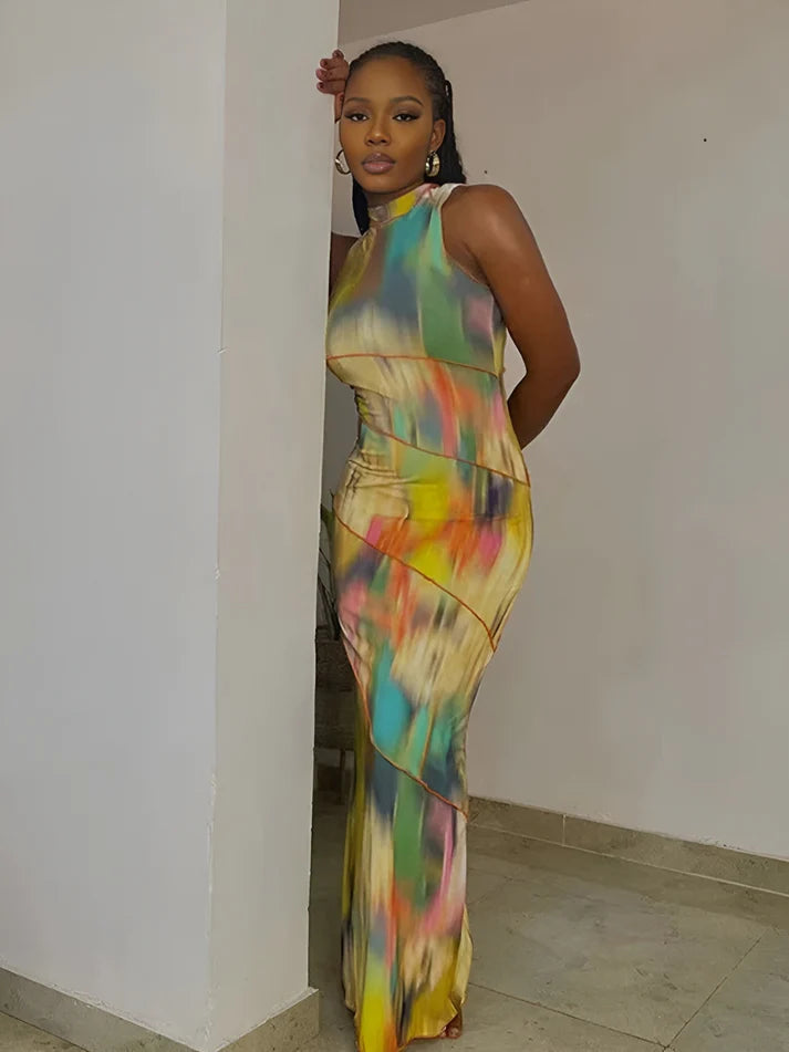 Model wearing Poppy Maxi Dress – bold summer patchwork maxi dress with stretch fit by Santori The Label.