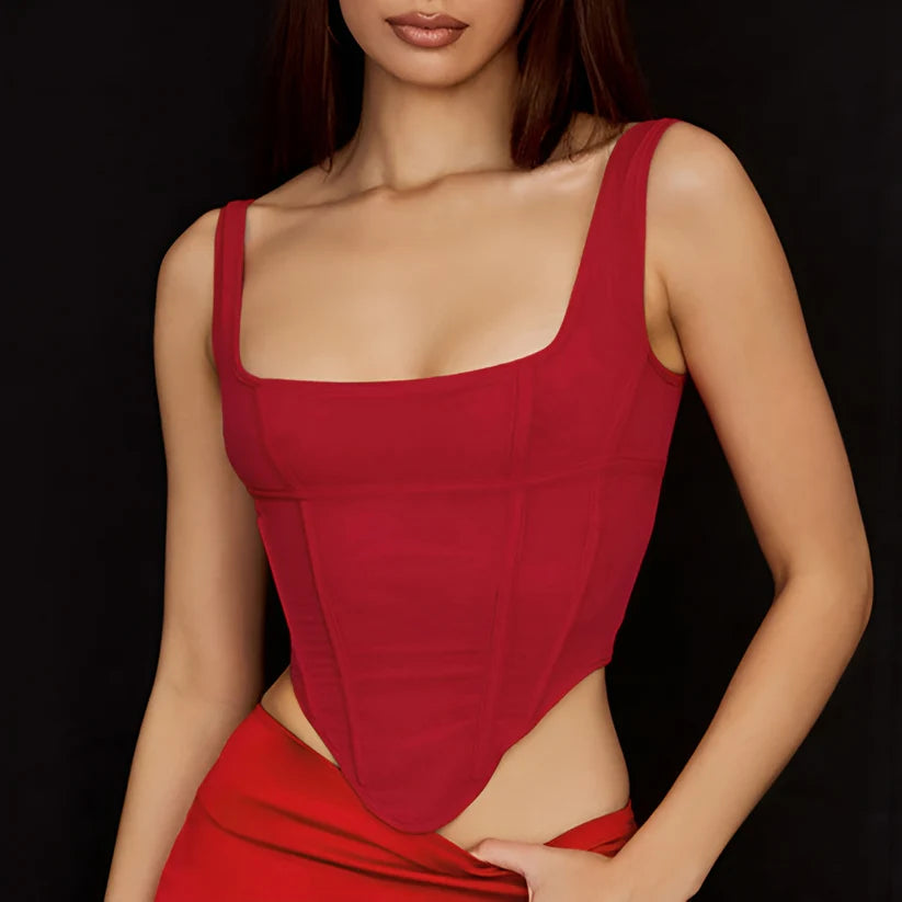 Model wearing Glory Top – cut-out slim summer crop top with stretch for club looks by Santori The Label.