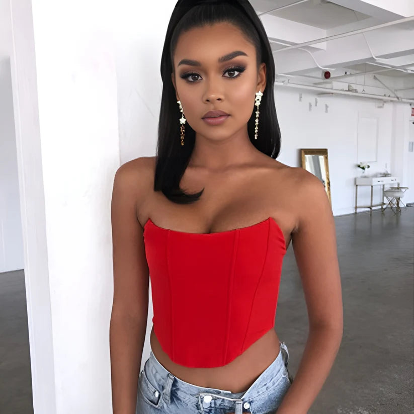 Model wearing Makena Top – fitted summer crop shirt for women in a sexy club style by Santori The Label.