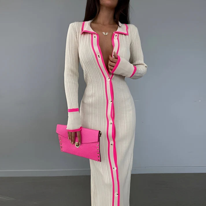 Model wearing Ariana Maxi Dress – patchwork knit office maxi dress with slim fit and structured stretch by Santori The Label.