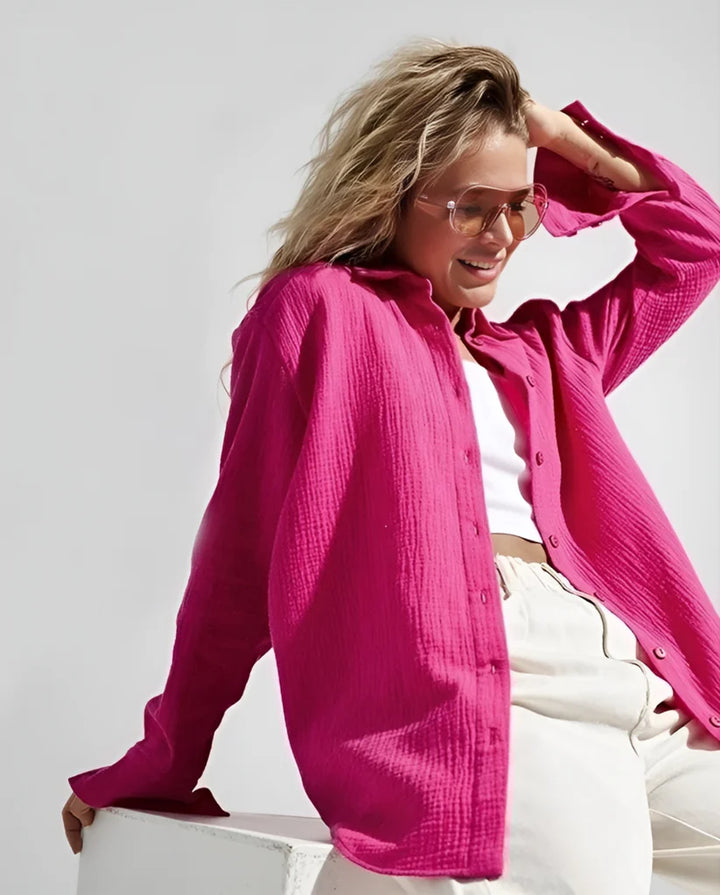 Model wearing Lilia Long Sleeve Top – relaxed cotton long sleeve top in soft natural fabric by Santori The Label.