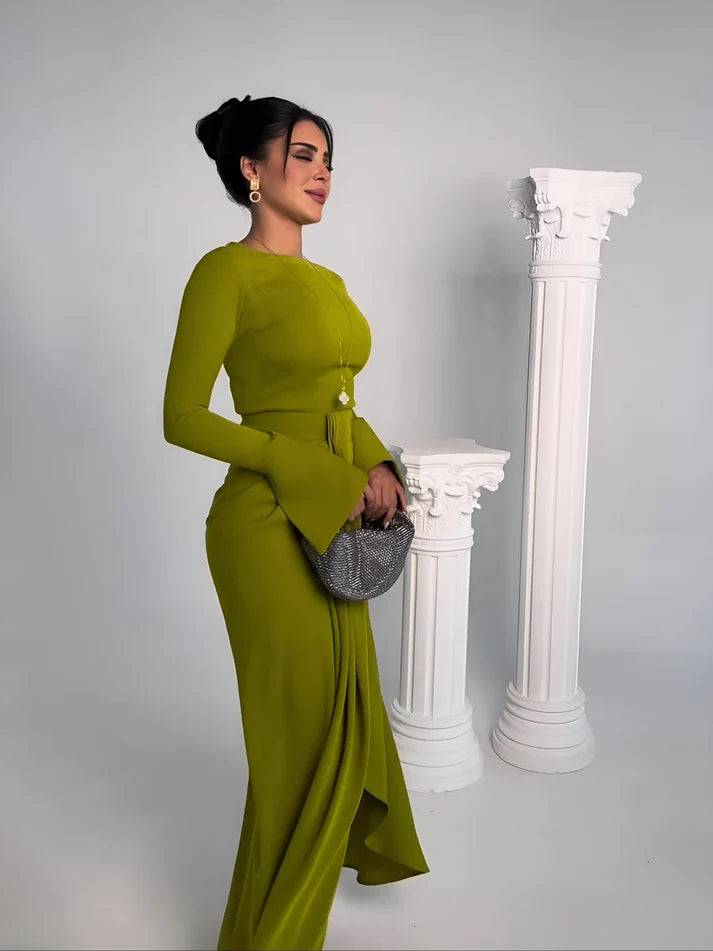 Model wearing Rosie Longsleeve Maxi Dress – soft cotton-blend A-line maxi for casual elegance by Santori The Label.