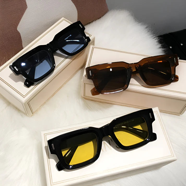 Model wearing Lexie Rectangular Sunglasses – bold cat-eye inspired UV400 fashion sunglasses with plastic frame and acrylic lenses by Santori The Label