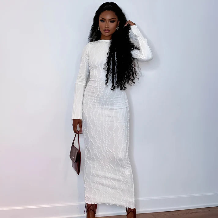 Model wearing Aleisha Maxi Dress – slim casual floor-length cotton-blend sheath by Santori The Label.