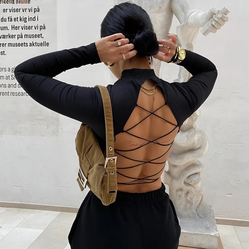 Model wearing Ava Top – cropped streetwear fashion top for women with breathable fabric and slight stretch, from Santori The Label.