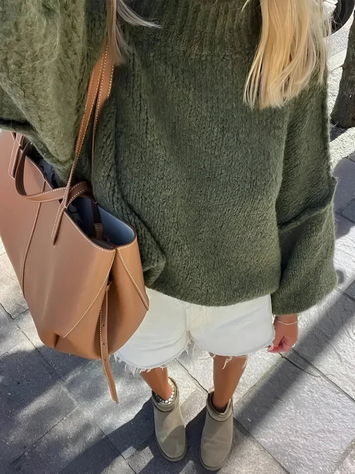 Model wearing Barley Sweater – fitted winter womens sweater with tailored cut and soft stretch, by Santori The Label