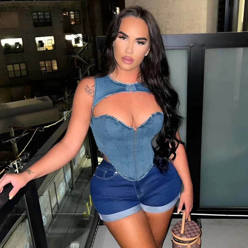Model wearing Miranda Top – sexy black cropped denim top with a fitted silhouette and clubwear edge by Santori The Label.
