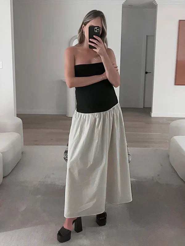 Model wearing Burkley Skirt – ankle-length patchwork A-line party skirt, by Santori The Label