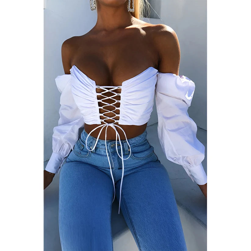 Model wearing Emma Top – slim fit fashion top for women in cropped silhouette with minimalist style, by Santori The Label.