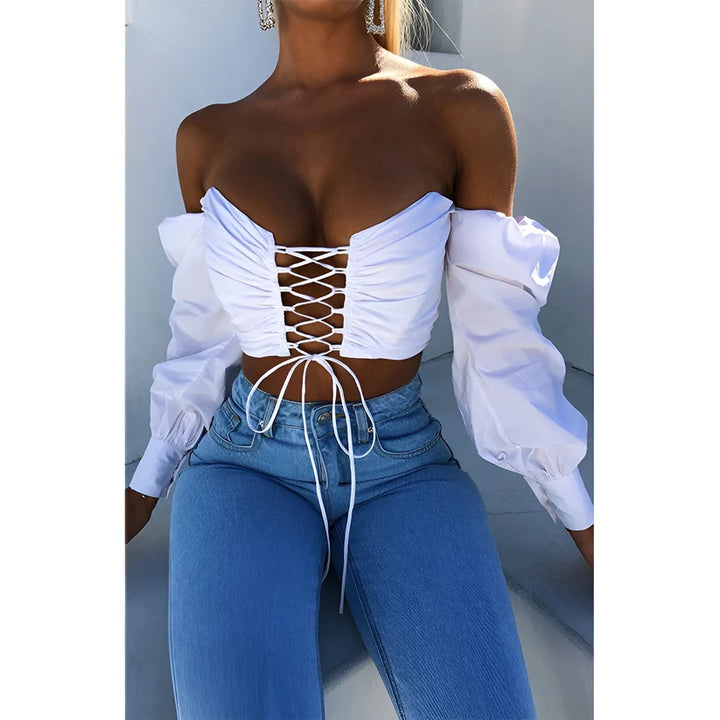 Model wearing Emma Top – slim fit fashion top for women in cropped silhouette with minimalist style, by Santori The Label.